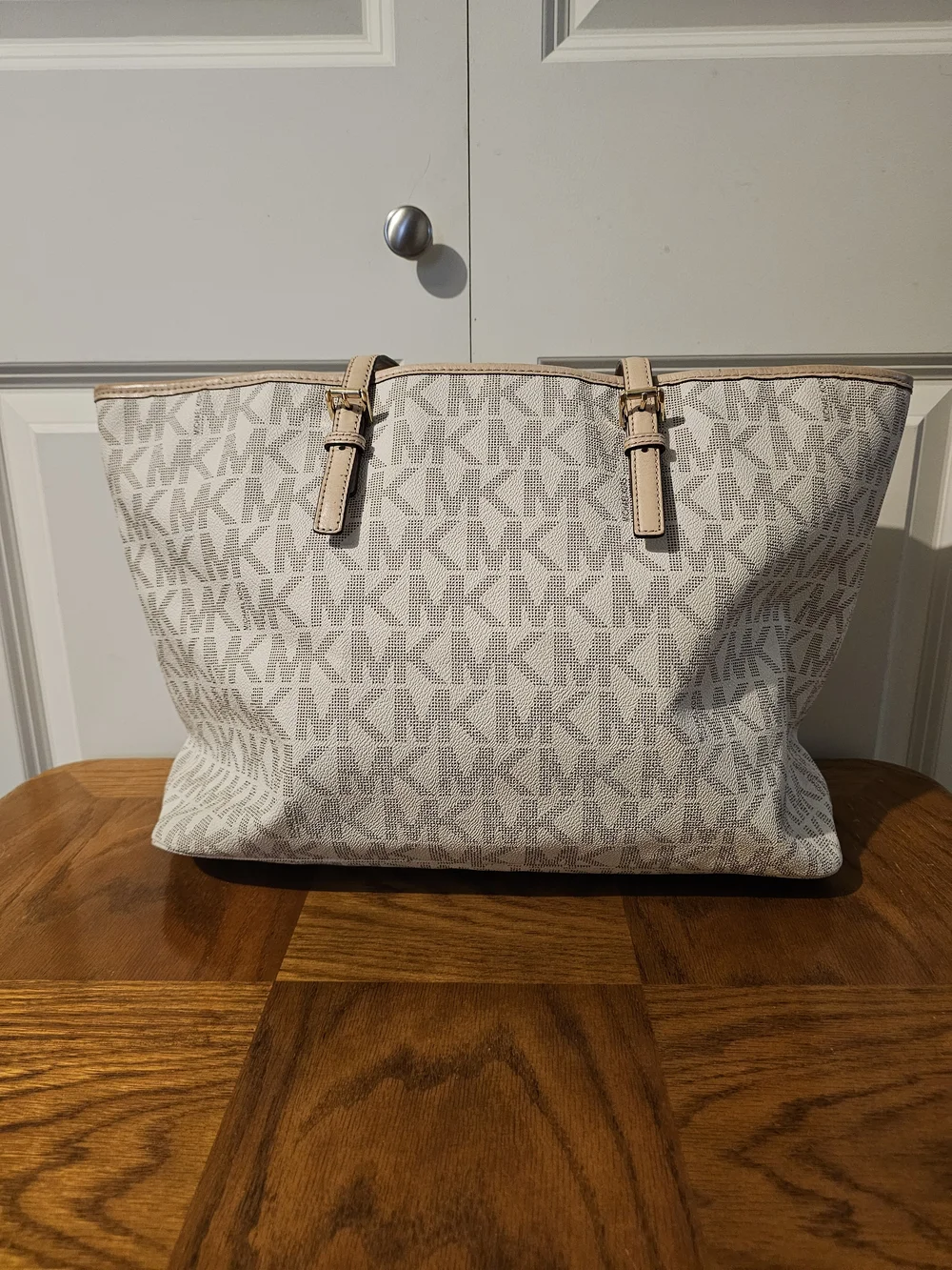 Michael Kors Neutral Logo Large Tote with Gold Accent